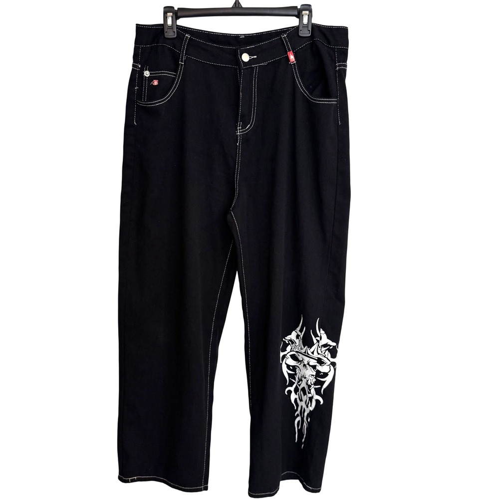 JNCO Vintage Black Wide Leg Skull Graphic Skate Pants Mens XL Contrast Stitch